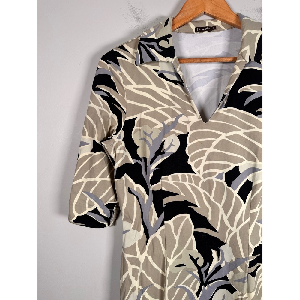 J.McLaughlin Sheath Dress Womens Size S Black Tan Leaf Print V-Neck Catalina - Picture 2 of 7